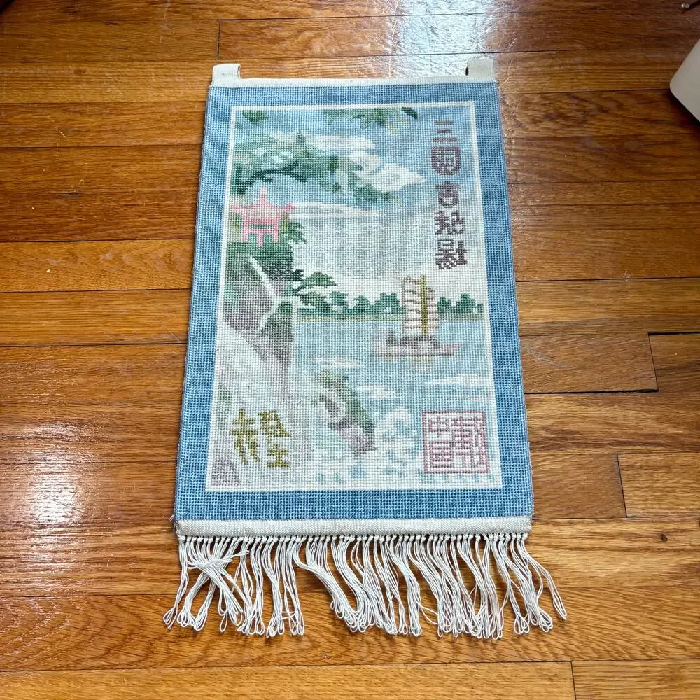 Vintage Chinese Silk Wall Hanging Rug Water and Boat Landscape Fringed Tassels